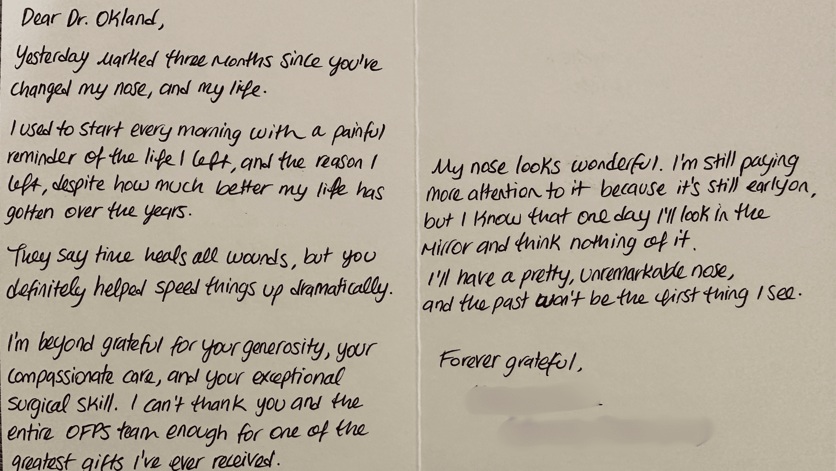 Anonymous handwritten thank-you note from an Operation Breathe rhinoplasty patient three months after surgery